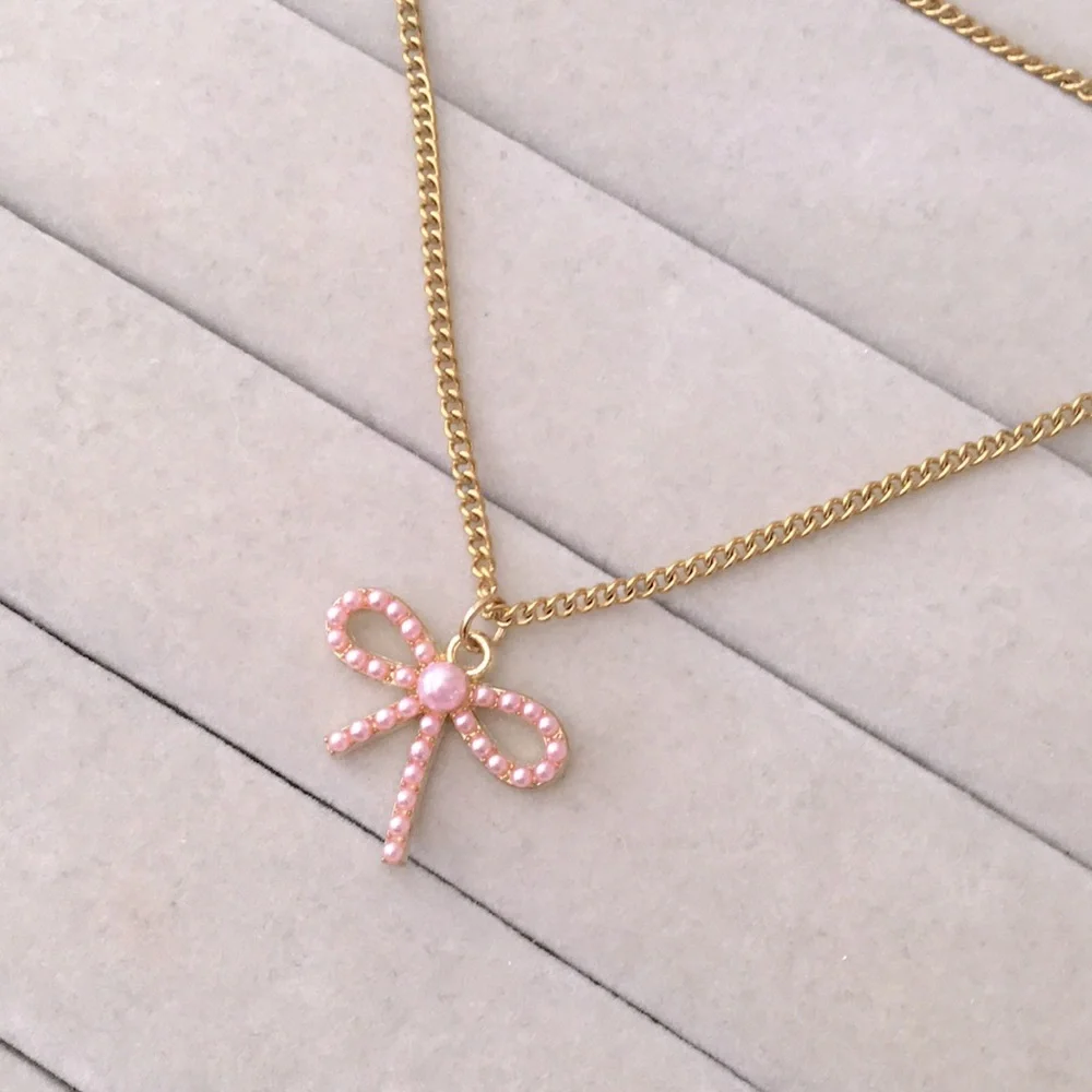 Pink Pearl Bow + Gold Drop Pendant Necklace